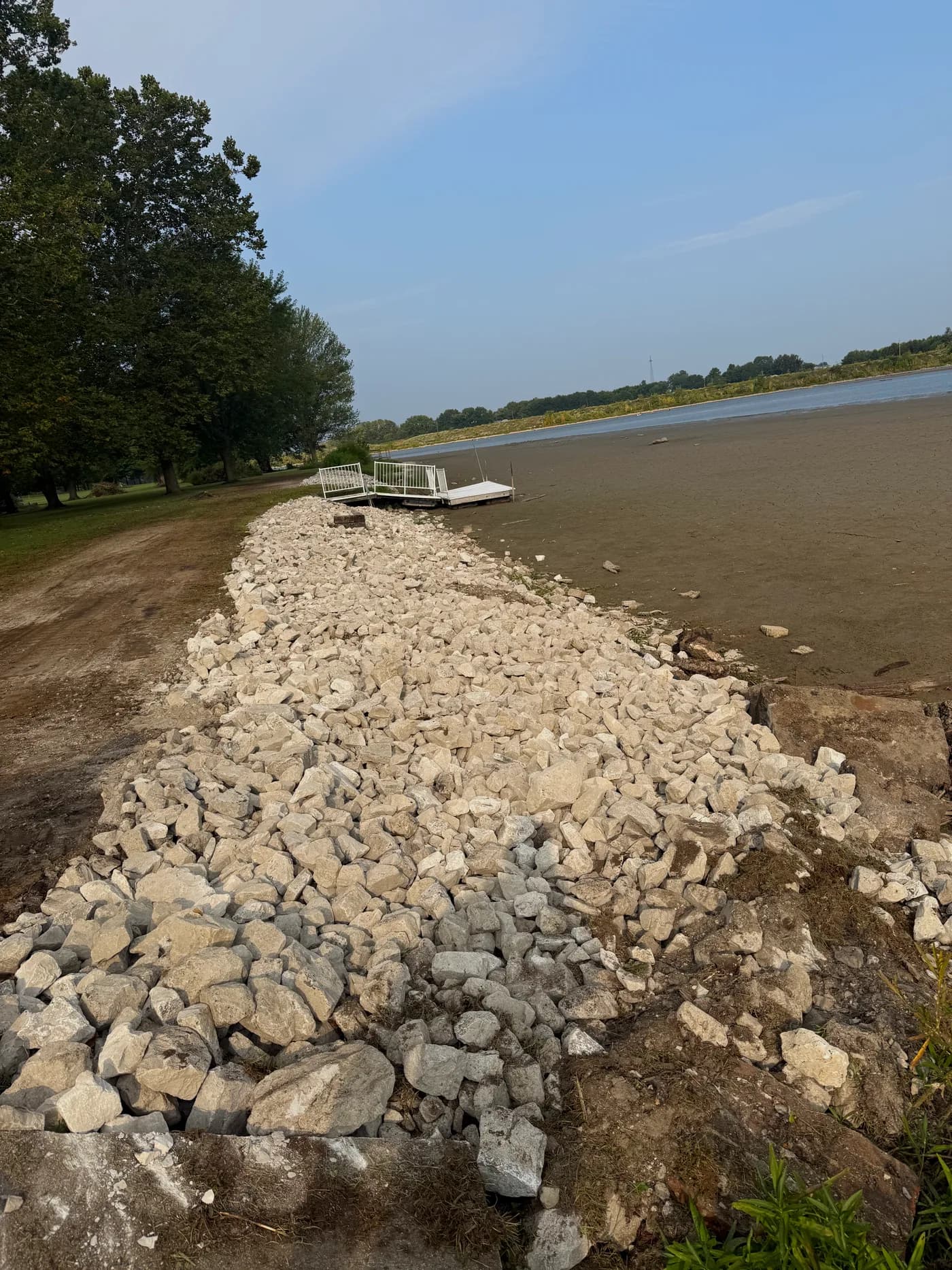 Decorative rock bed along a curb line